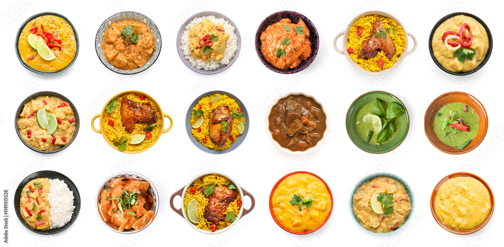 Set of traditional Indian food on white background, top view Set of traditional Indian food on white background, top view