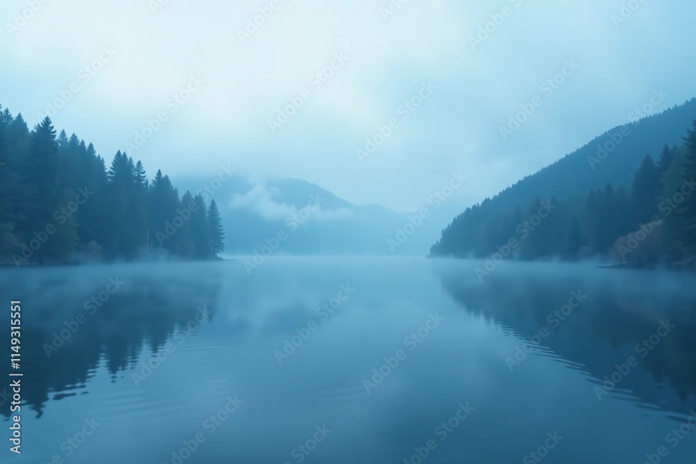 Foggy landscape with blue mist rolling in over a serene lake, atmosphere, calm