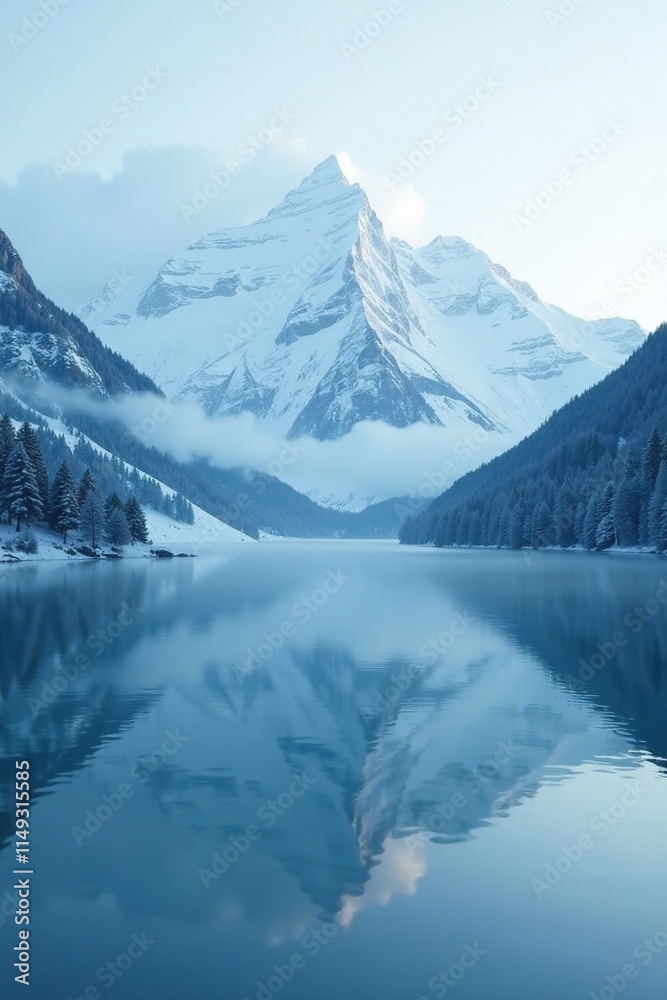 Foggy lake with snow-covered mountains in the background, tranquil, winter scenery Foggy lake with snow-covered mountains in the background, tranquil, winter scenery