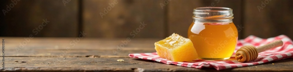 A simple wooden table topped with a checkered cloth has a glass jar filled with fresh honey and a piece of waxed honeycomb beside it, homemade, simple A simple wooden table topped with a checkered cloth has a glass jar filled with fresh honey and a piece of waxed honeycomb beside it, homemade, simple