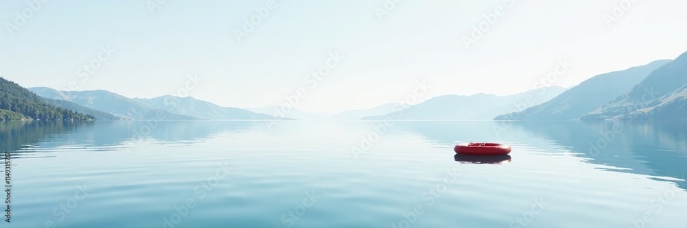 Naklejka premium A small red life buoy isolated on a large white lake surface, stillness, peaceful, lake