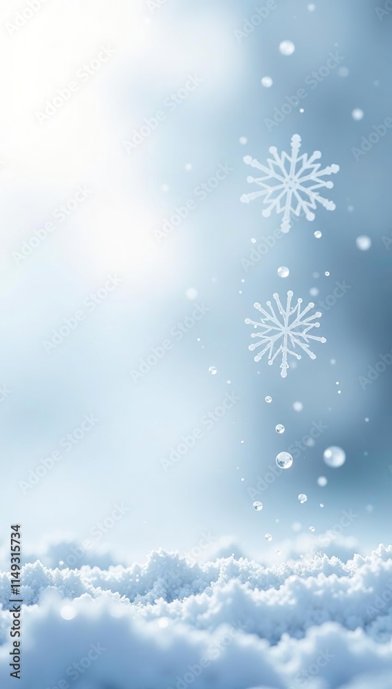 Frosty snowflakes gently falling on white background, drip, snowflakes, dance Frosty snowflakes gently falling on white background, drip, snowflakes, dance