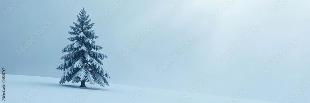 Obraz premium A solitary pine tree rises from a sea of icy snow under dense fog, solitude, serene, pine tree