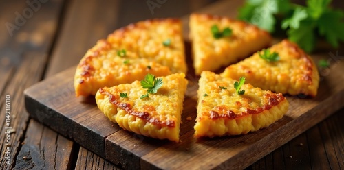 Golden brown Bhajyanche katlet cut into triangles on a rustic wooden cutting board, crispy, golden brown photo