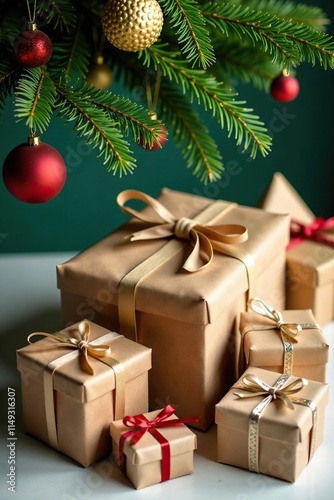 Brown paper box wrapped gifts scattered under evergreen tree branches, wrapped presents, evergreen tree