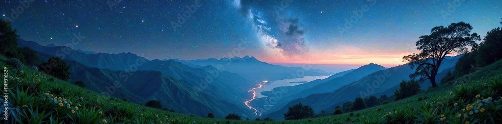 Lush greenery under a vast starry sky with silhouetted mountains, atmospheric, nature Lush greenery under a vast starry sky with silhouetted mountains, atmospheric, nature