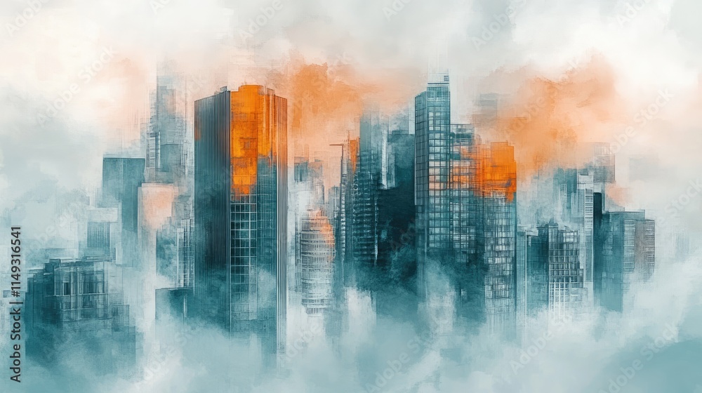 Fototapeta premium Spectacular watercolor painting of an abstract urban, cityscape, skyscraper scene in orange and teal, grayish smog. Double exposure building. Digital art 3D illustration.