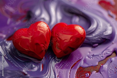 Glistening Pink Heart-Shaped Diamonds with Water Droplets, Two glowing pink heart-shaped crystals side by side, reflecting light in a dreamy setting, Heart-filled Valentine's Day Background
