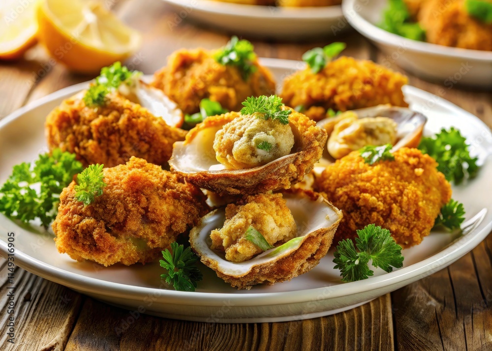 Fototapeta premium Crispy Deep Fried Oysters: Restaurant-Style Recipe, Golden Brown Seafood, Juicy Oyster Meat, Perfect Appetizer