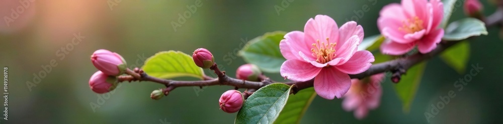 Pink bubblegum on a branch with leaves and flowers, branch, soft Pink bubblegum on a branch with leaves and flowers, branch, soft