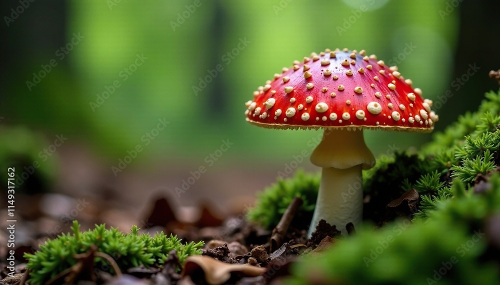 Red fly agaric mushroom growing on the forest floor, tree trunks, forest environment, mycology