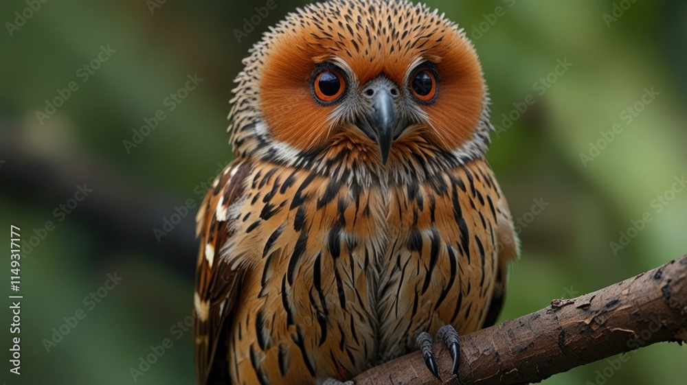 Close-up of a beautiful, curious, small owl perched on a branch, showcasing its intricate plumage, with bright orange eyes and a focused gaze.. Close-up of a beautiful, curious, small owl perched on a branch, showcasing its intricate plumage, with bright orange eyes and a focused gaze..