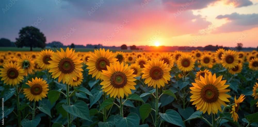 Obraz premium Field of golden sunflowers at sunrise with blue and pink hues, dawn, nature
