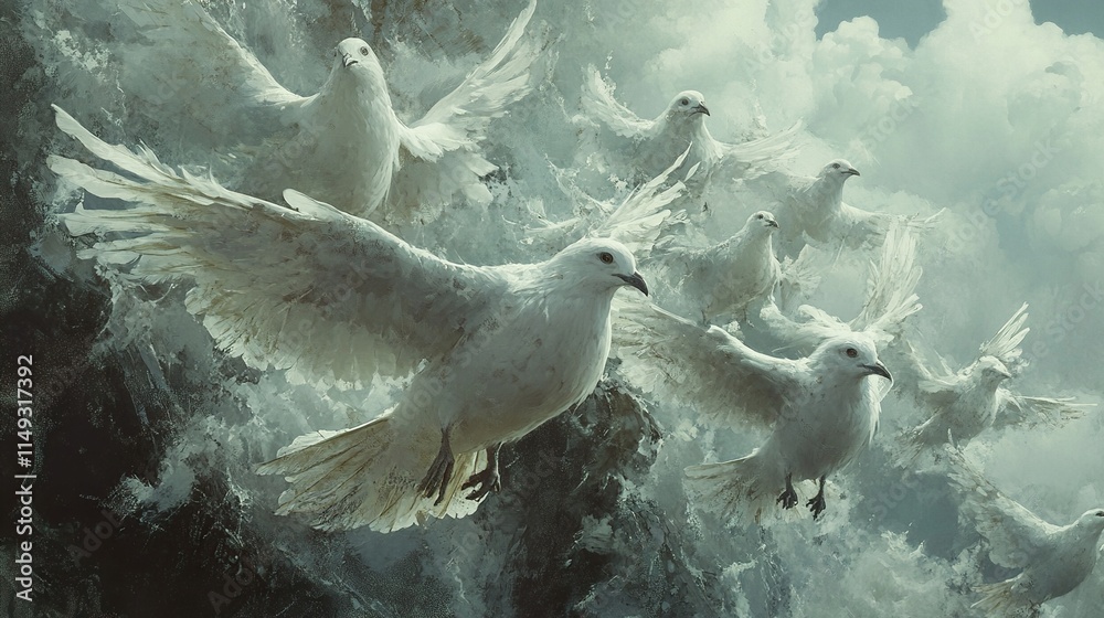 Obraz premium Flight of Doves: A Serene Digital Painting