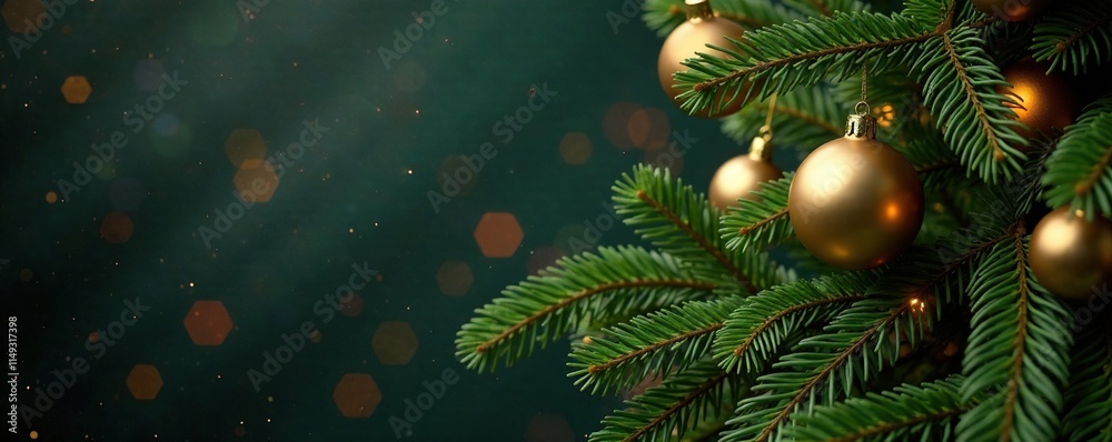 Fir tree branches adorned with golden ornaments and gifts, spruce, holly, gold Fir tree branches adorned with golden ornaments and gifts, spruce, holly, gold