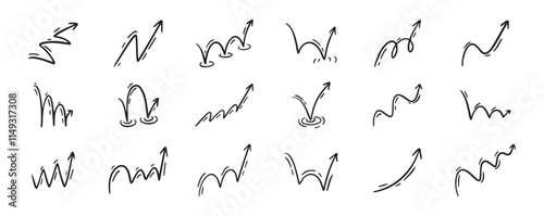 Bounce effect arrows doodle set. Manga and comic stile arrow design elements. Ball jump trajectory, ball motion expression