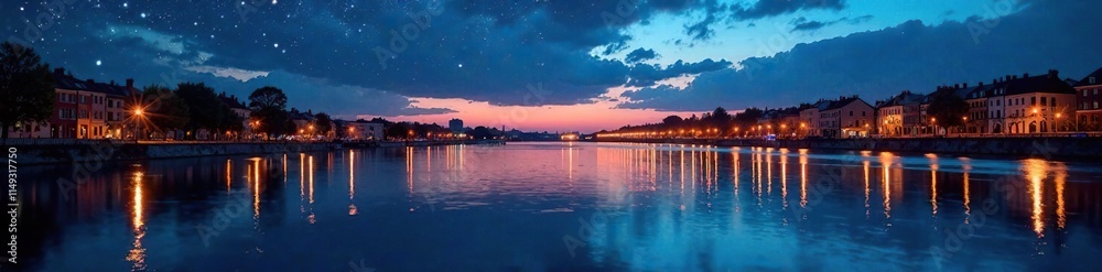 Gentle ripples on the Seine River under starry skies, gentle, evening Gentle ripples on the Seine River under starry skies, gentle, evening