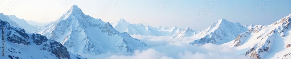 Fototapeta premium Snow-covered mountain peaks with misty clouds, fog, snowclad