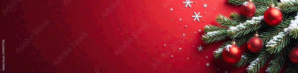 Naklejka premium Snow-covered pine branch with ornaments and snowflakes on deep red background, white, , Christmas tree