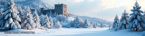 Snow-covered trees surrounding the fortification, peaceful, trees