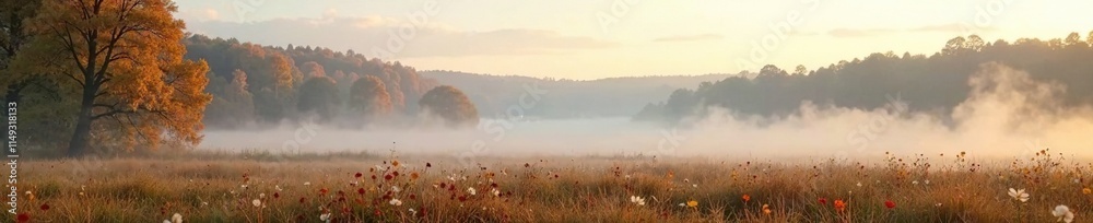 Soft, white fog rolls over the meadow at autumn morning, serene, meadow, autumn Soft, white fog rolls over the meadow at autumn morning, serene, meadow, autumn