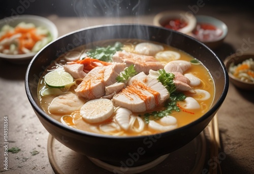 Steaming bowl of Banh canh noodle with fish in Mui Ne Phan Thiet, beach town, vietnam food photo