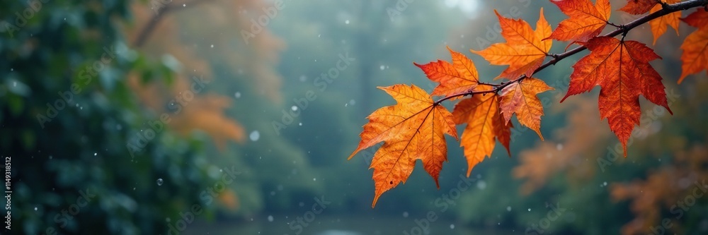 The rain causes the autumn leaves on tree branches to become soggy and limp, creating a waterlogged scene, winter weather, water droplets, tree branches The rain causes the autumn leaves on tree branches to become soggy and limp, creating a waterlogged scene, winter weather, water droplets, tree branches