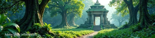 Misty forest with ancient temple in the background, serene environment, overgrown vegetation