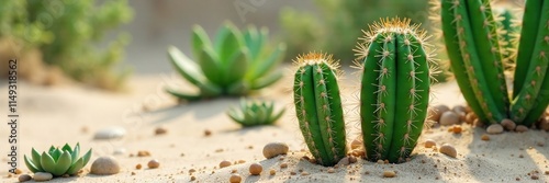 Tall, columnar cactus with white and green spines in sandy soil, flora, white, columnar photo