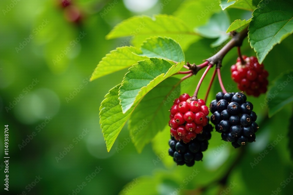Tree covered in fresh green leaves and mulberries, branch, foliage, harvest Tree covered in fresh green leaves and mulberries, branch, foliage, harvest