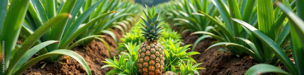 Pineapple plantation with rows of pineapple plants in the background, pineapple plantation, agricultural Pineapple plantation with rows of pineapple plants in the background, pineapple plantation, agricultural