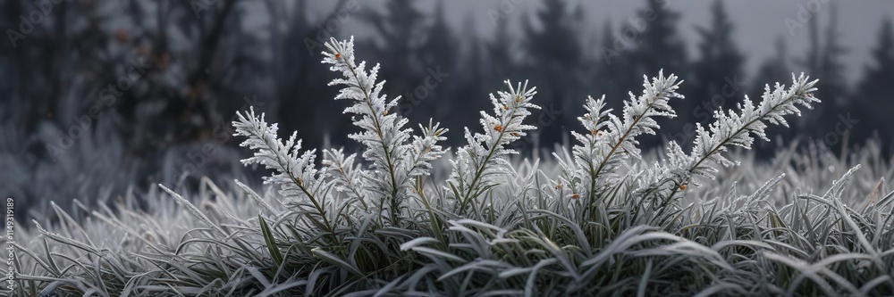 White evergreen branch against dark grey sky and frosty grass, wintery woods, evergreen branches white snow, cold winter White evergreen branch against dark grey sky and frosty grass, wintery woods, evergreen branches white snow, cold winter