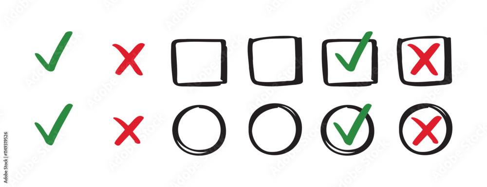 Check and cancel signs doodle icons. yes and no signs on circle and square hand drawn doodle signs. 