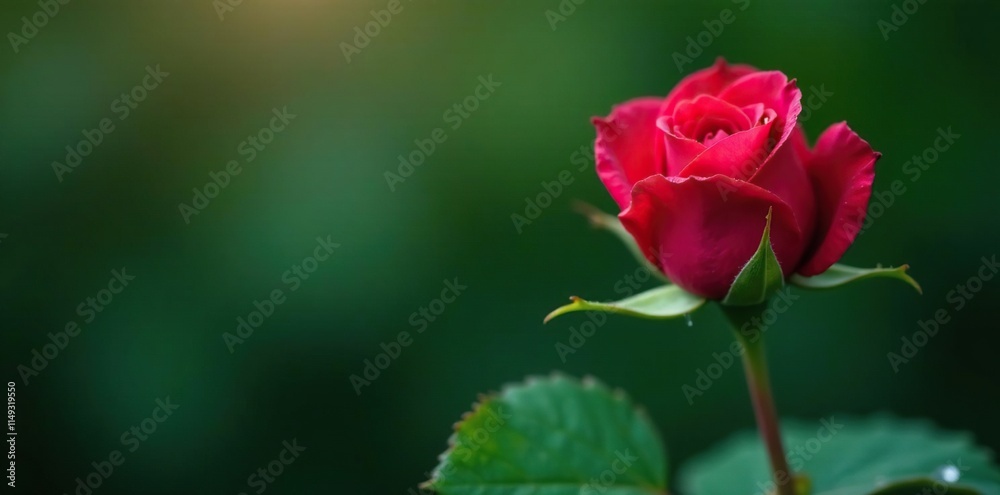 Single rose bud on a leafy stem with dew drop, botanical, dew drop Single rose bud on a leafy stem with dew drop, botanical, dew drop