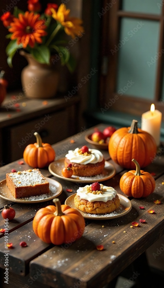 A rustic wooden table laden with an assortment of autumn treats and decorations, cozy, autumn A rustic wooden table laden with an assortment of autumn treats and decorations, cozy, autumn