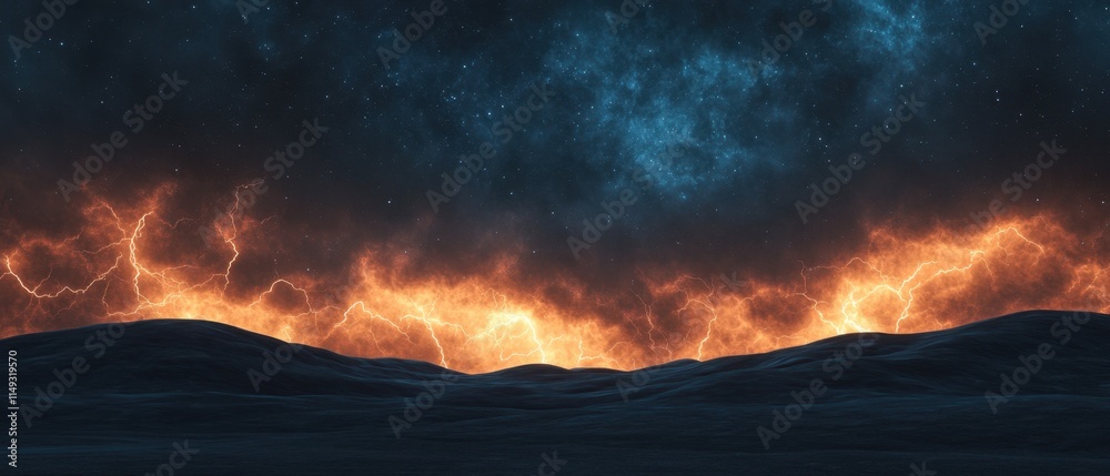 Fototapeta premium Dramatic night sky landscape with intense lightning storm illuminating rolling hills, vibrant cosmic display, moody clouds swirling, flickering stars peeking through, electric energy, raw nature