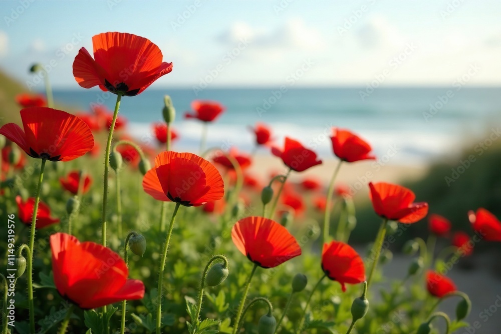 Obraz premium A sea of vibrant red poppies swaying gently in the ocean breeze, nature, red poppies