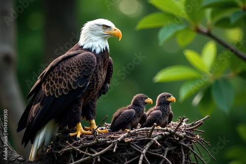 A mother bald eagle sits on a branch beside her nest with three eaglets, nesting site, sharp talons