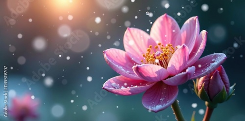 Snowflakes gently falling on a blooming flower, bloom, thawing