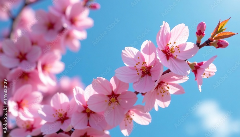 Obraz premium Soft pink petals unfurl against a cerulean sky, cherry blossom, nature