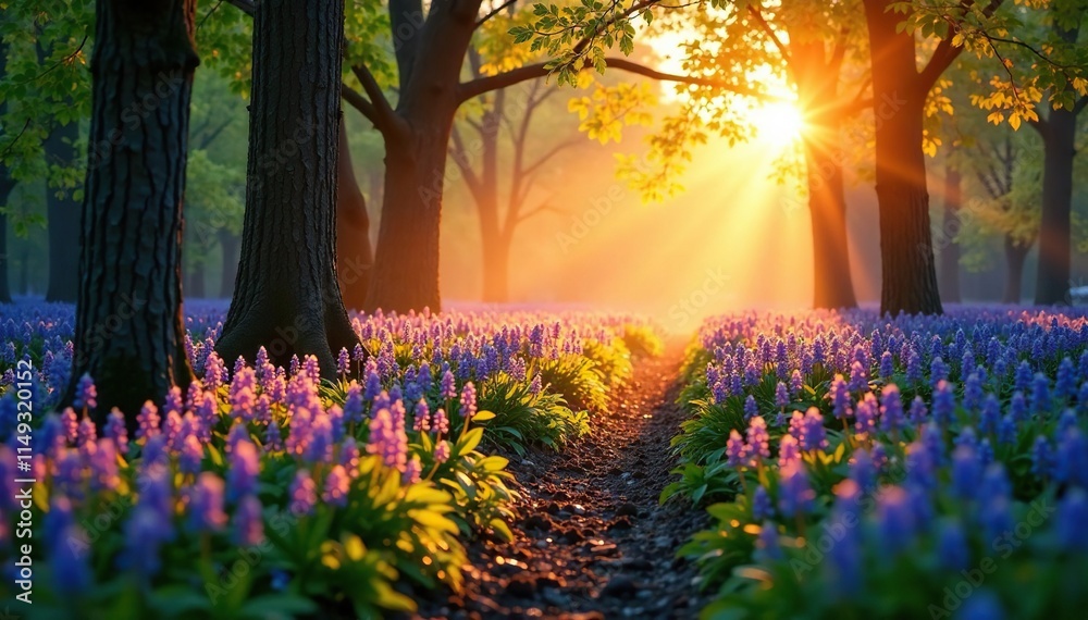 Obraz premium Bluebell woods at sunrise with warm golden light and mist, soft focus, misty dawn