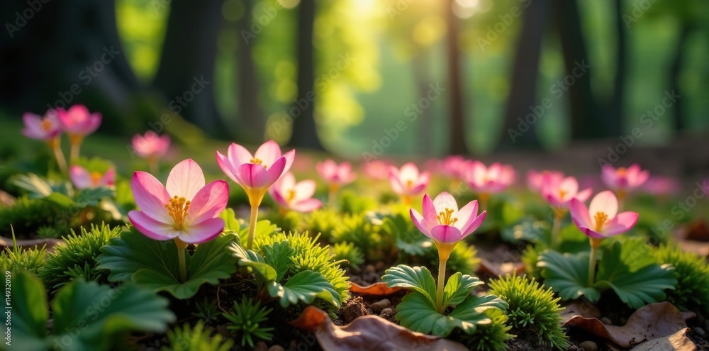 Soft primrose petals unfolding on forest floor, trees, flowers