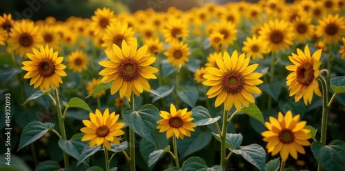 Bright sunflower blooms amidst a patch of brown withered leaves, nature, foliage