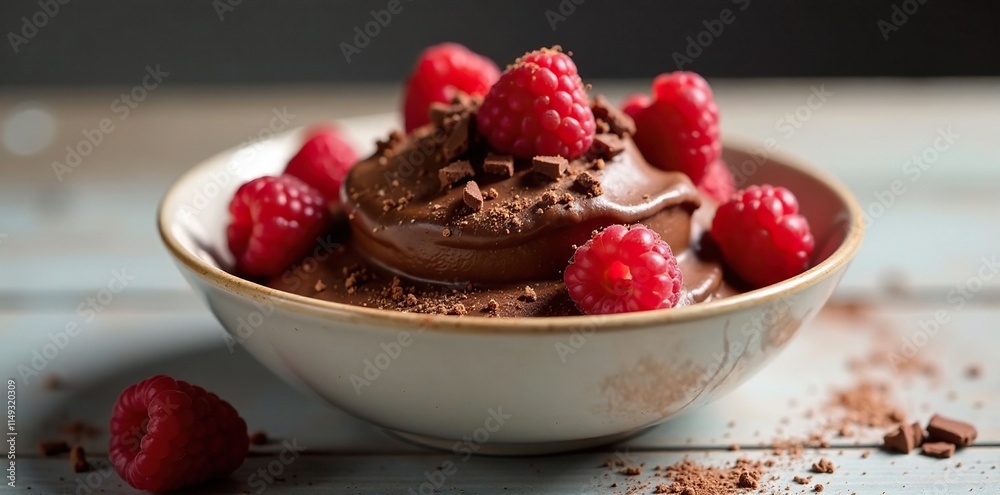 Chocolate dessert in a shallow bowl with raspberries and chocolate shavings on top, shallow bowl, sweet indulgence, decadent treat Chocolate dessert in a shallow bowl with raspberries and chocolate shavings on top, shallow bowl, sweet indulgence, decadent treat