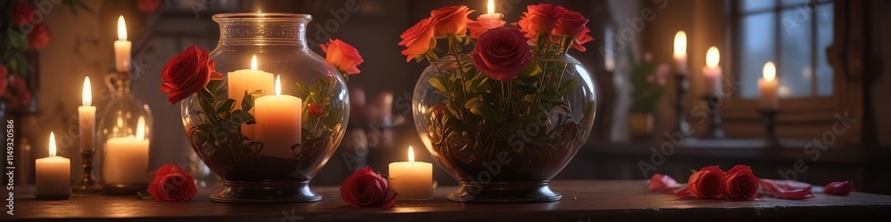 Fototapeta premium The beauty of the roses is enhanced by the soft glow of candles placed behind them in a beautiful apothecary jar vase , soothing, candles
