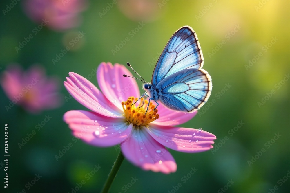 delicate blue butterfly on a dewy flower petal, nature blossom, gentle, morning light