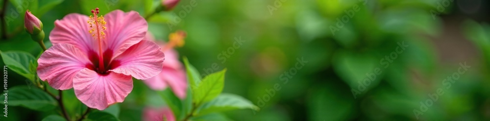 Obraz premium Delicate petals of pink hibiscus fragilis flower in a lush green garden, flowerpower, fragilis, pink