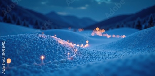 Defocused lights and curved wavy frill of snow hills in the blue winter, snow hills, night scene