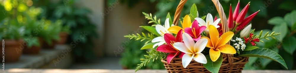 Exotic flowers and greenery arranged in a woven wicker basket, nature-inspired, earthy tones, outdoor decor Exotic flowers and greenery arranged in a woven wicker basket, nature-inspired, earthy tones, outdoor decor