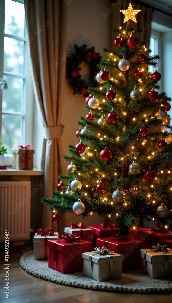 Festive and cozy Christmas tree setup with presents underneath, holiday decorations, cozy atmosphere Festive and cozy Christmas tree setup with presents underneath, holiday decorations, cozy atmosphere